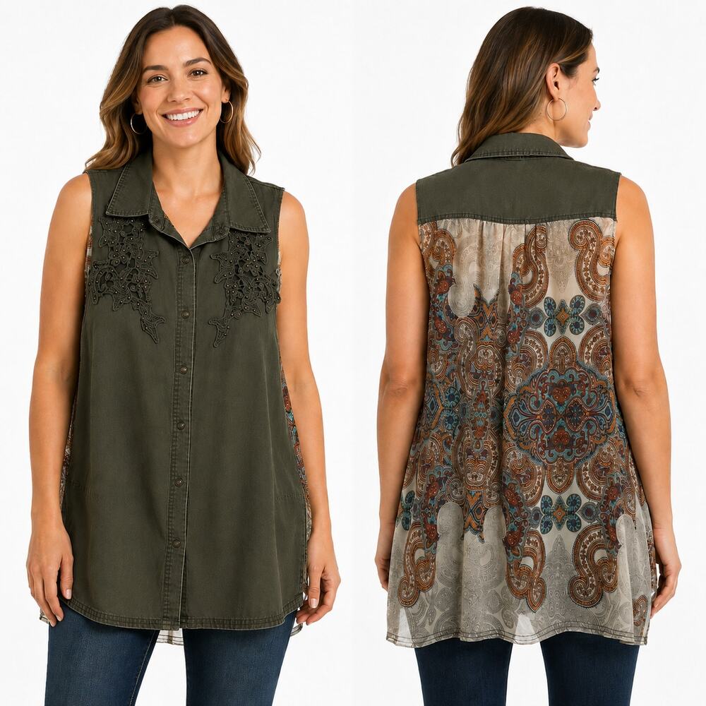 Gimmicks by BKE Mixed Media Army Green Paisley Print Sleeve Snap Front Tunic Top